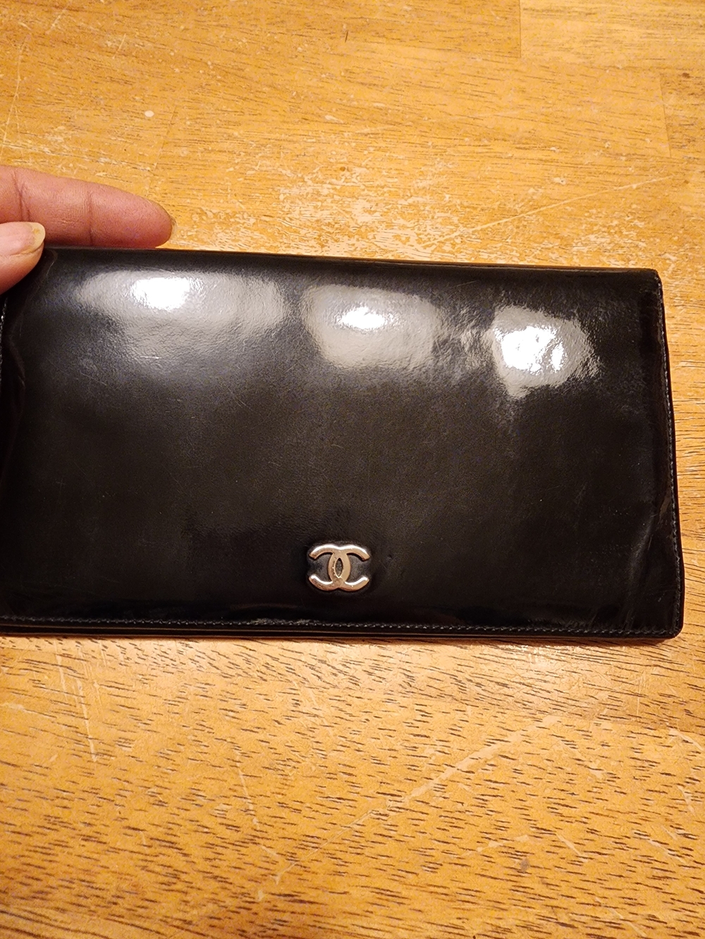 CHANEL Black Patent Leather Continental Wallet with Silver CC Emblem